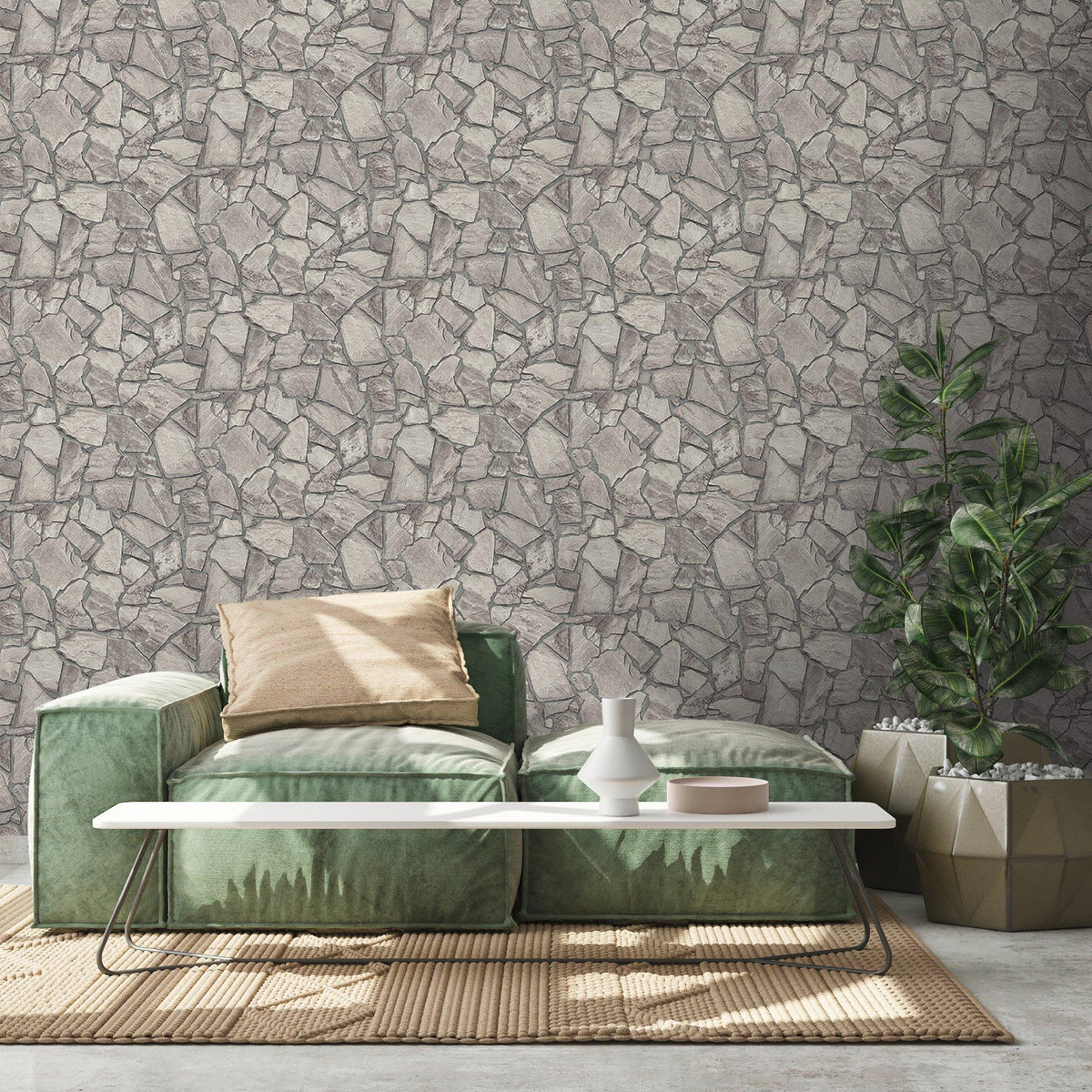Galerie BB51140 The Bricks And More Petrified Paradise Motif Silver Grey Wallpaper BB51140 Silver Grey Wallpaper
