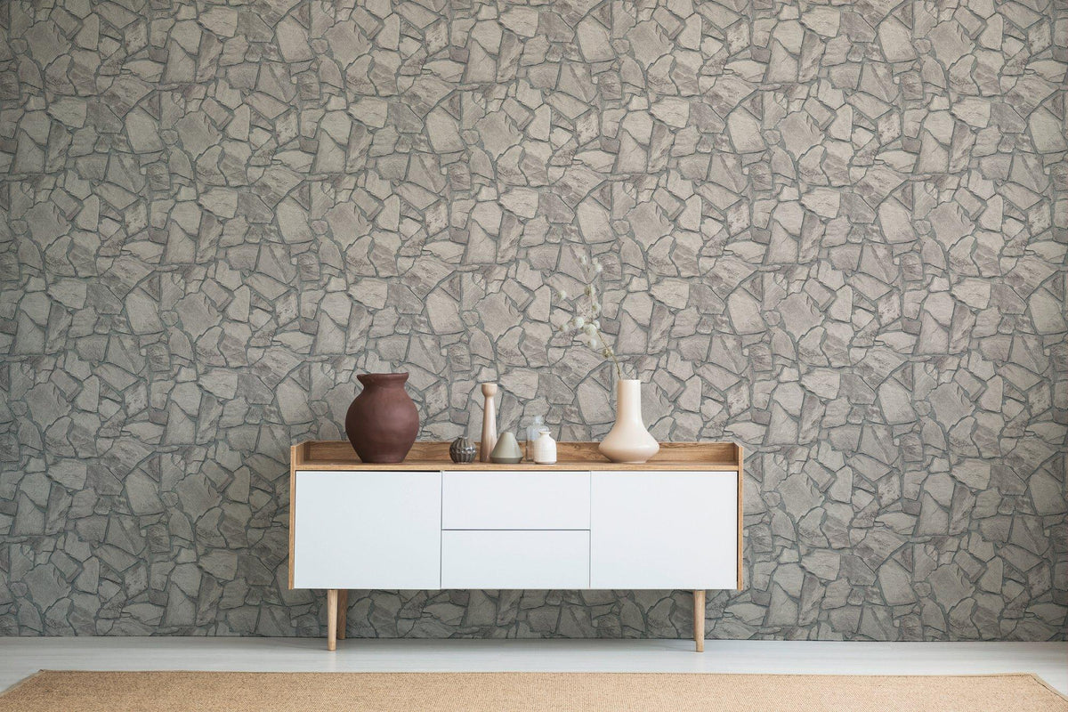 Galerie BB51140 The Bricks And More Petrified Paradise Motif Silver Grey Wallpaper BB51140 Silver Grey Wallpaper