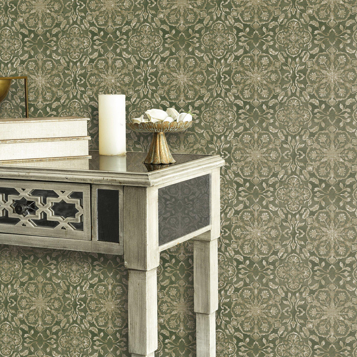 Galerie DWP0353-01 Elegance Floral Stripe Green Wallpaper DWP0353-01 Green Wallpaper