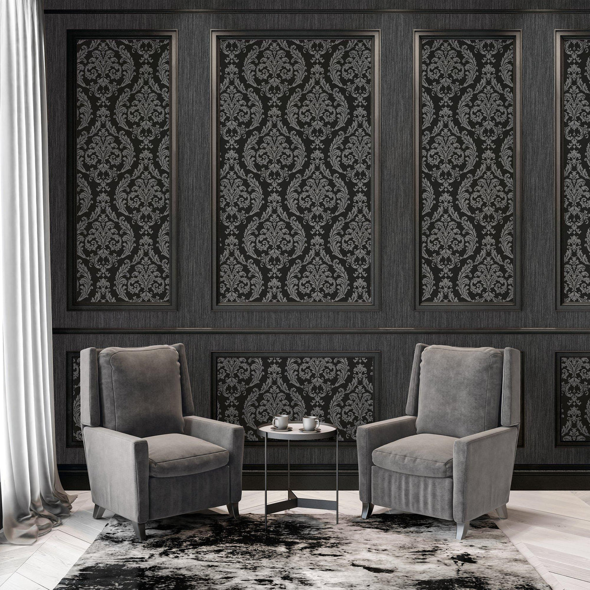 Galerie G68676 Palazzo 2 Silk Damask Black Wallpaper G68676 Black Wallpaper