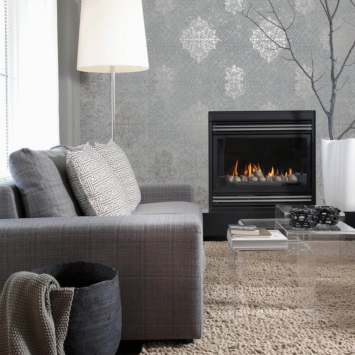 Galerie CM2483 Lustre Damask Silver Grey Wallpaper CM2483 Silver Grey Wallpaper