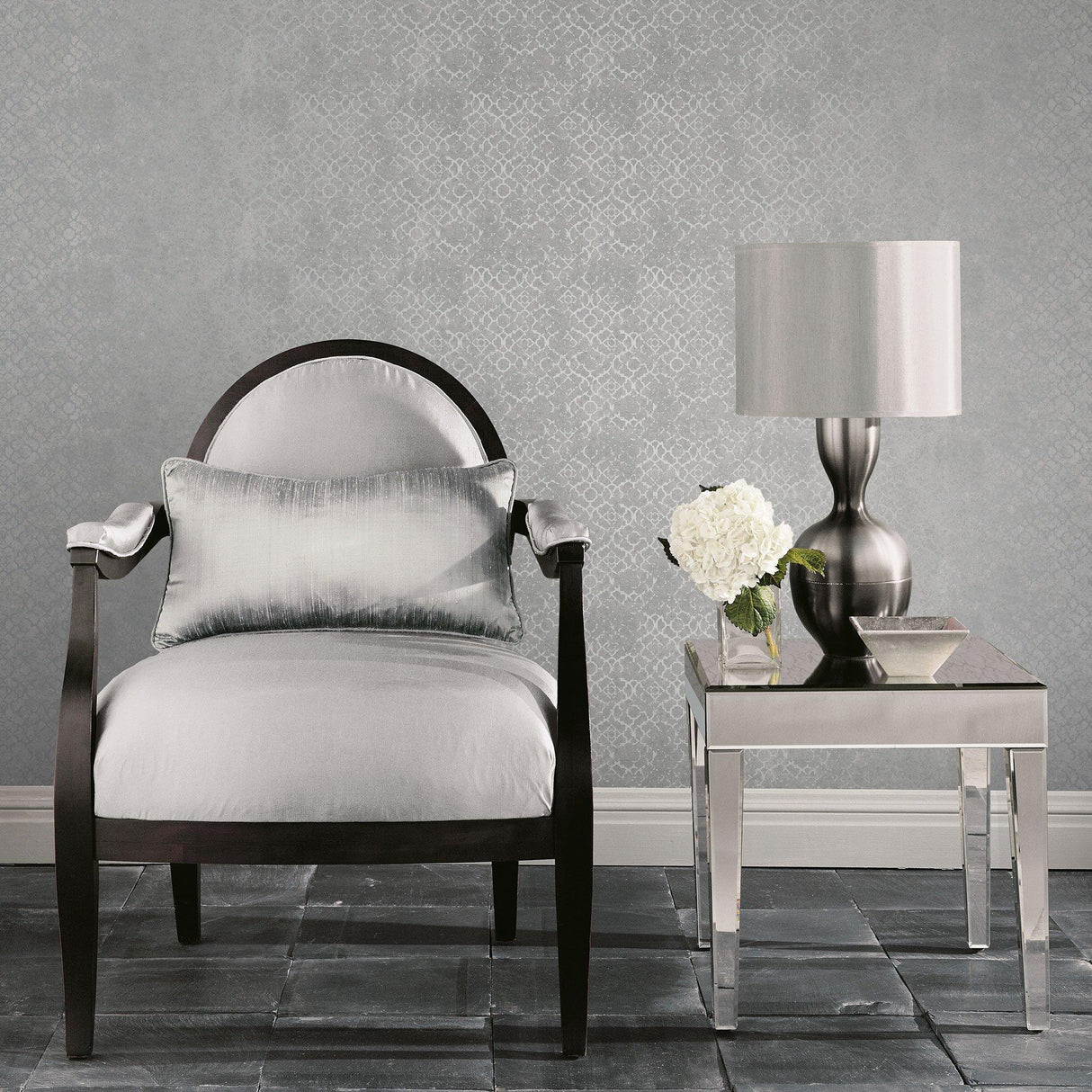 Galerie DWP0246-03 Emporium Aged Quatrefoil Silver Grey Wallpaper DWP0246-03 Silver Grey Wallpaper