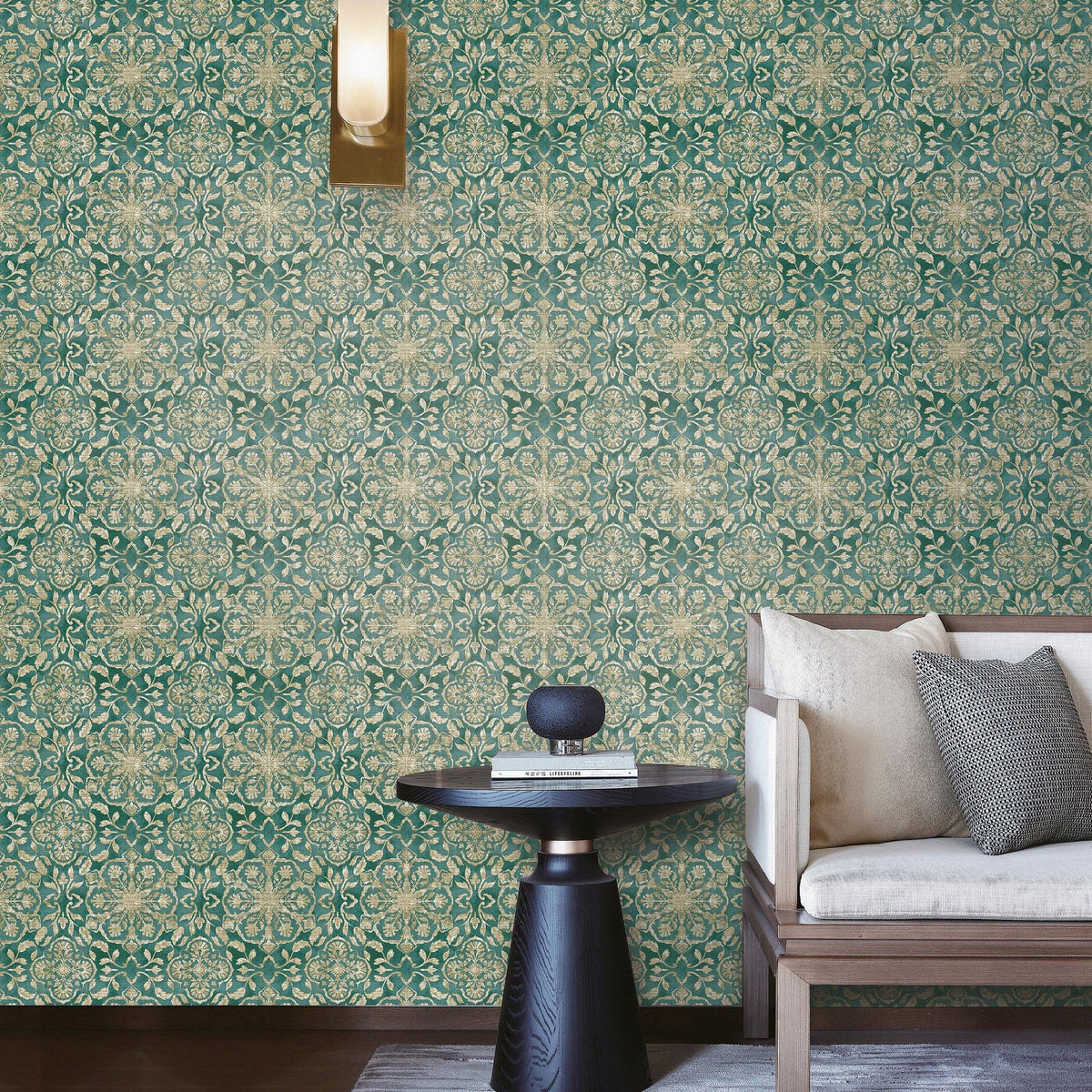 Galerie DWP0353-05 Elegance Floral Stripe Green Wallpaper DWP0353-05 Green Wallpaper