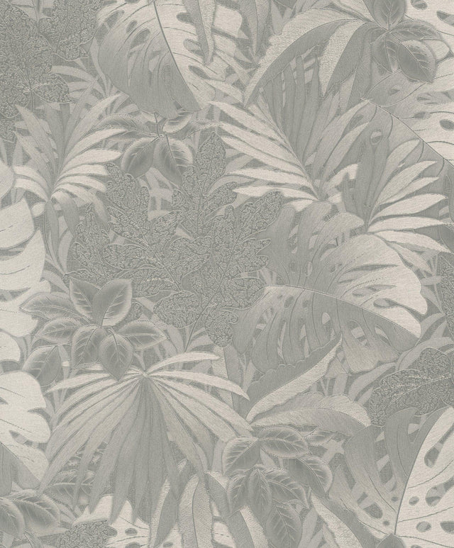 Galerie EN3330214 Eden Metallic Jungle Leaves Silver Grey Wallpaper EN3330214 Silver Grey Wallpaper
