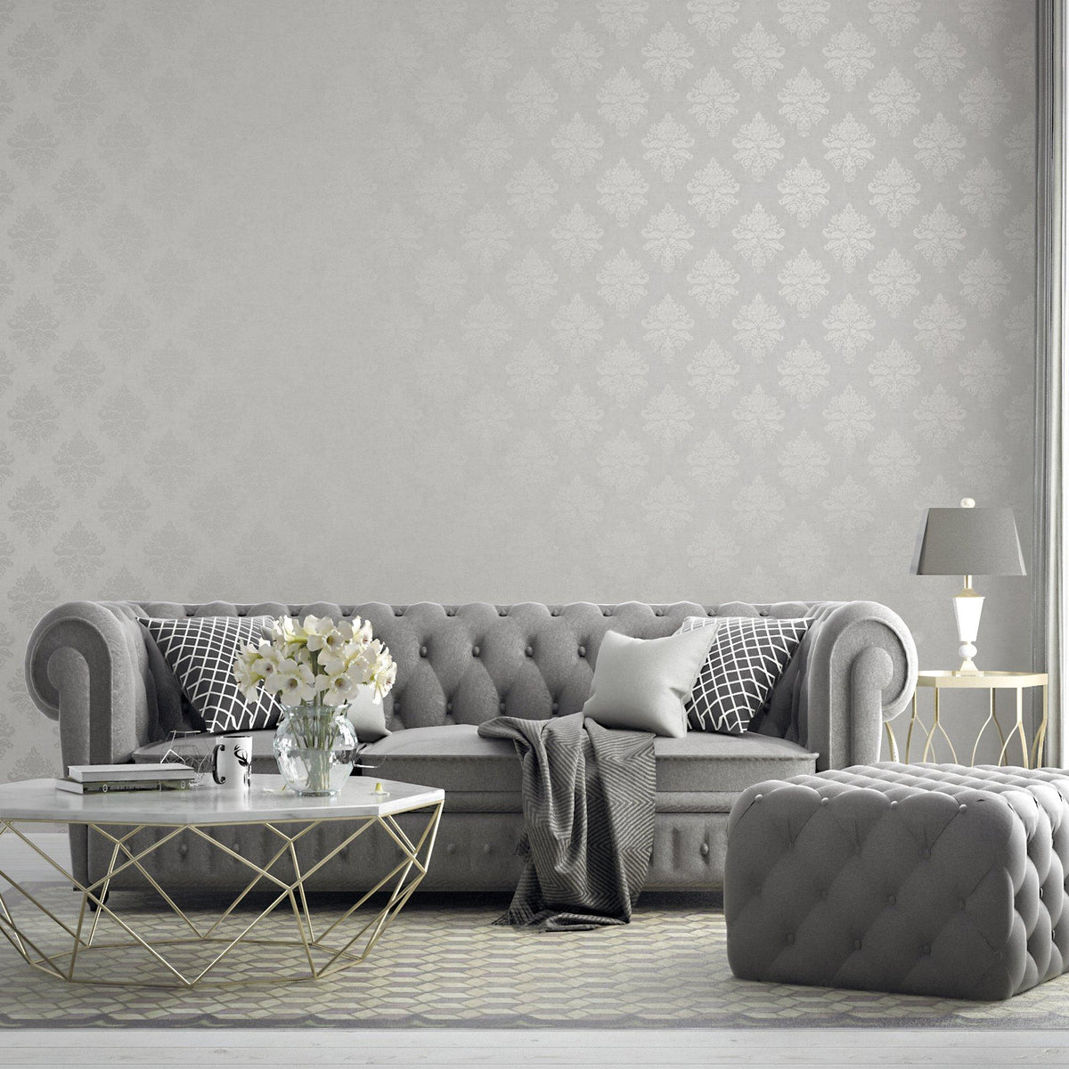 Galerie G68670 Palazzo 2 Medallion Damask Silver Grey Wallpaper G68670 Silver Grey Wallpaper