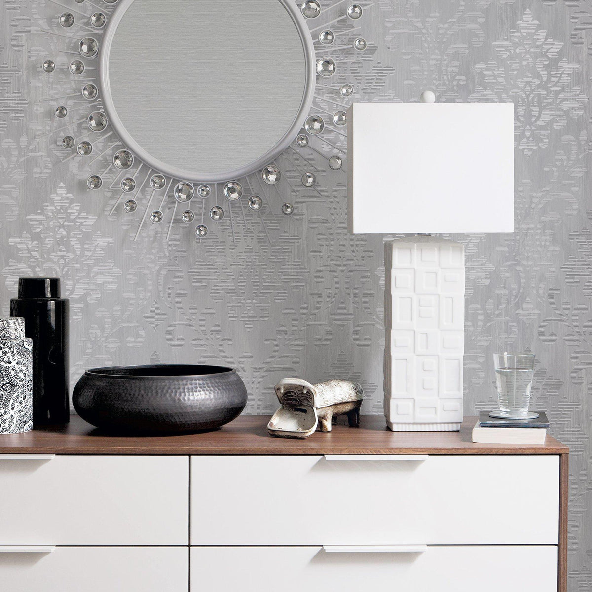 Galerie W78181 Metallic FX Modern Metallic Damask Silver Grey Wallpaper W78181 Silver Grey Wallpaper