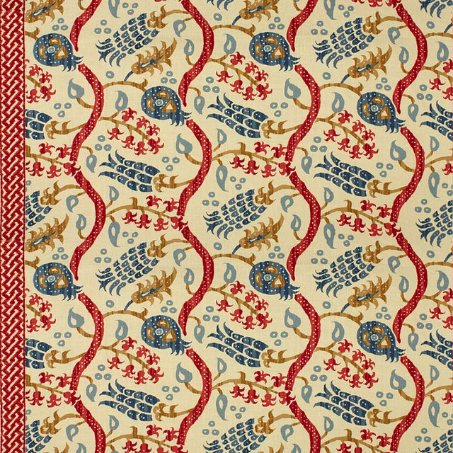 Brunschwig & Fils NISIOTIKO LINEN PRINT POMEGRANATE/OXFORD BLUE Fabric