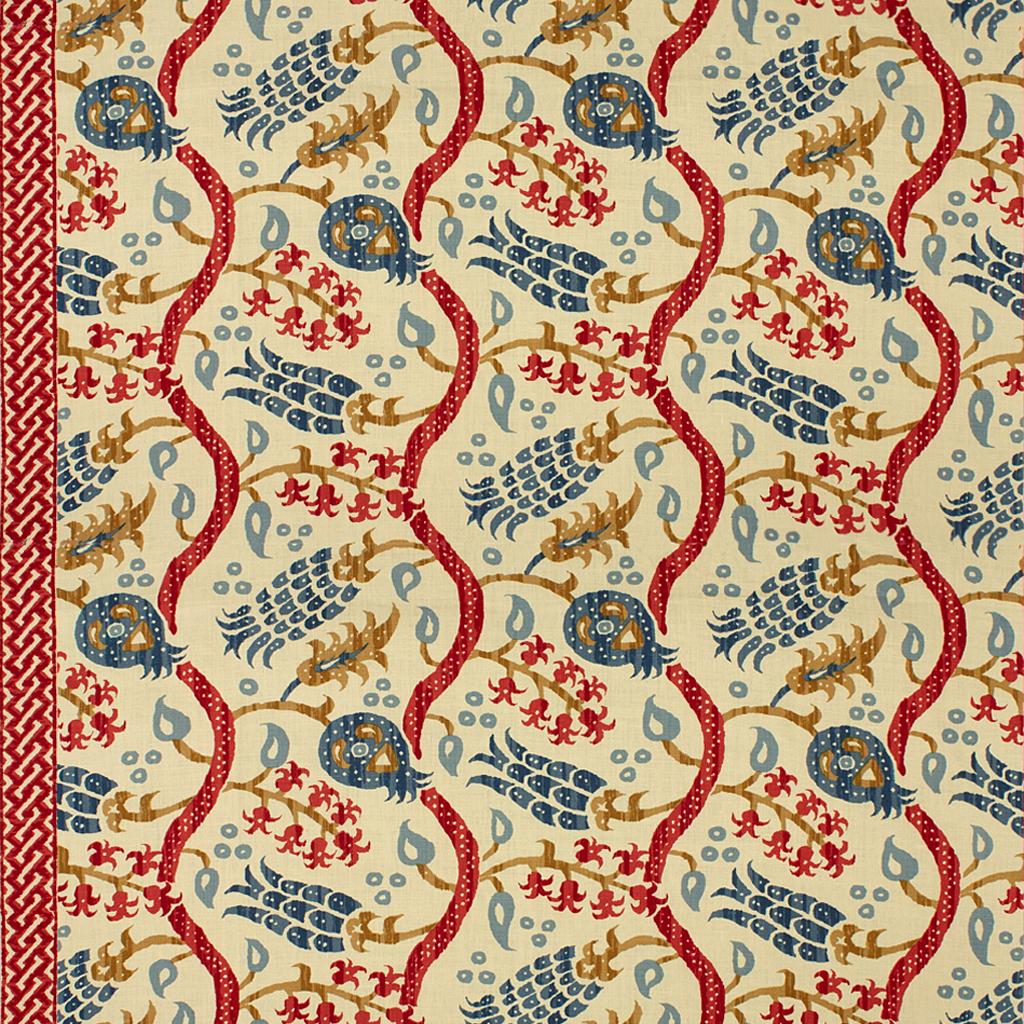 Brunschwig & Fils NISIOTIKO LINEN PRINT POMEGRANATE/OXFORD BLUE Fabric