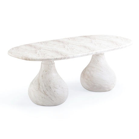 TOV Smooch White Faux Marble Print Indoor / Outdoor 87 inch Oval Dining Table