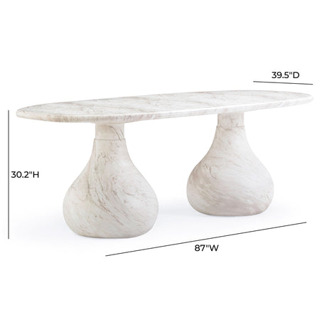 TOV Smooch White Faux Marble Print Indoor / Outdoor 87 inch Oval Dining Table
