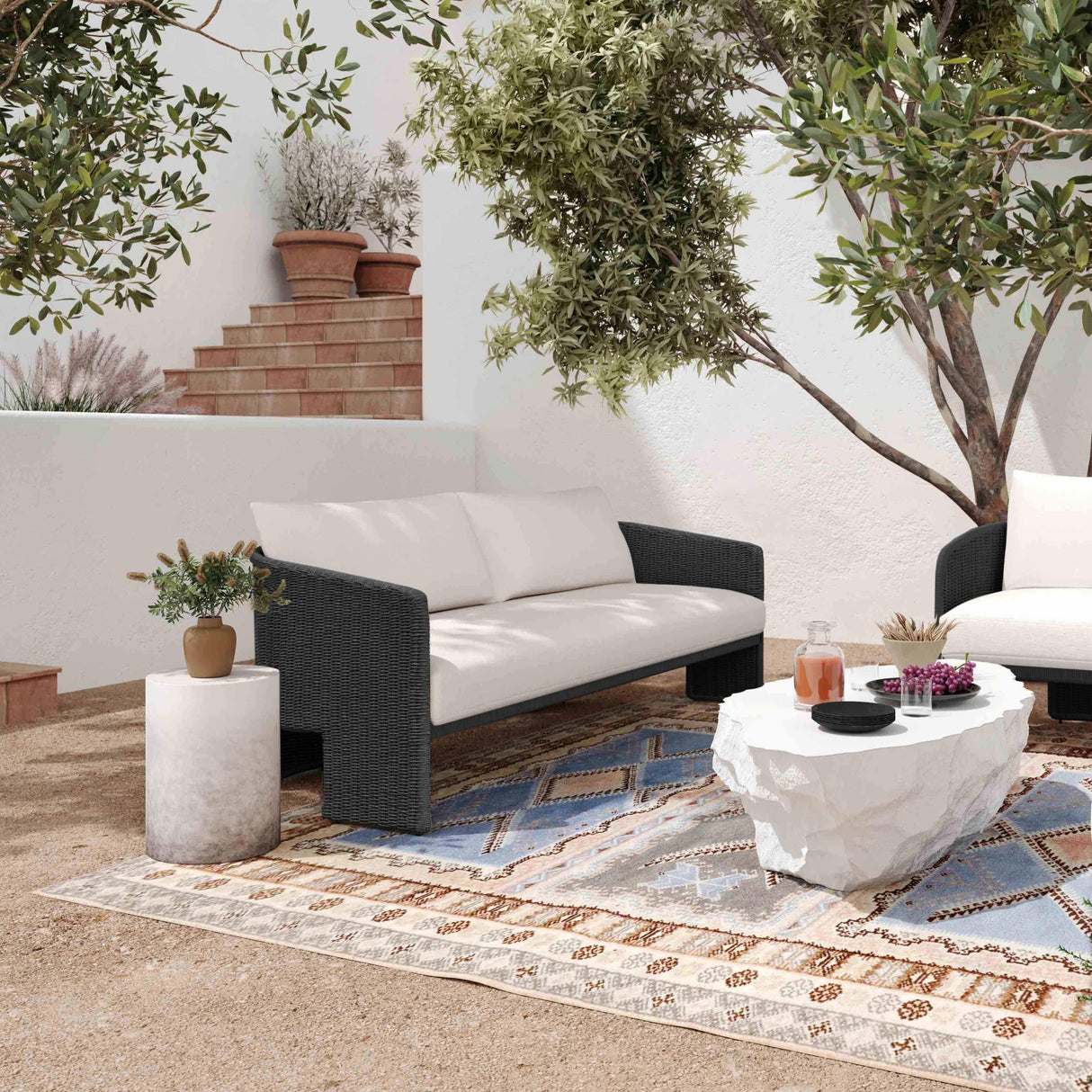TOV Alexa Black Rattan Performance Fabric Outdoor Sofa