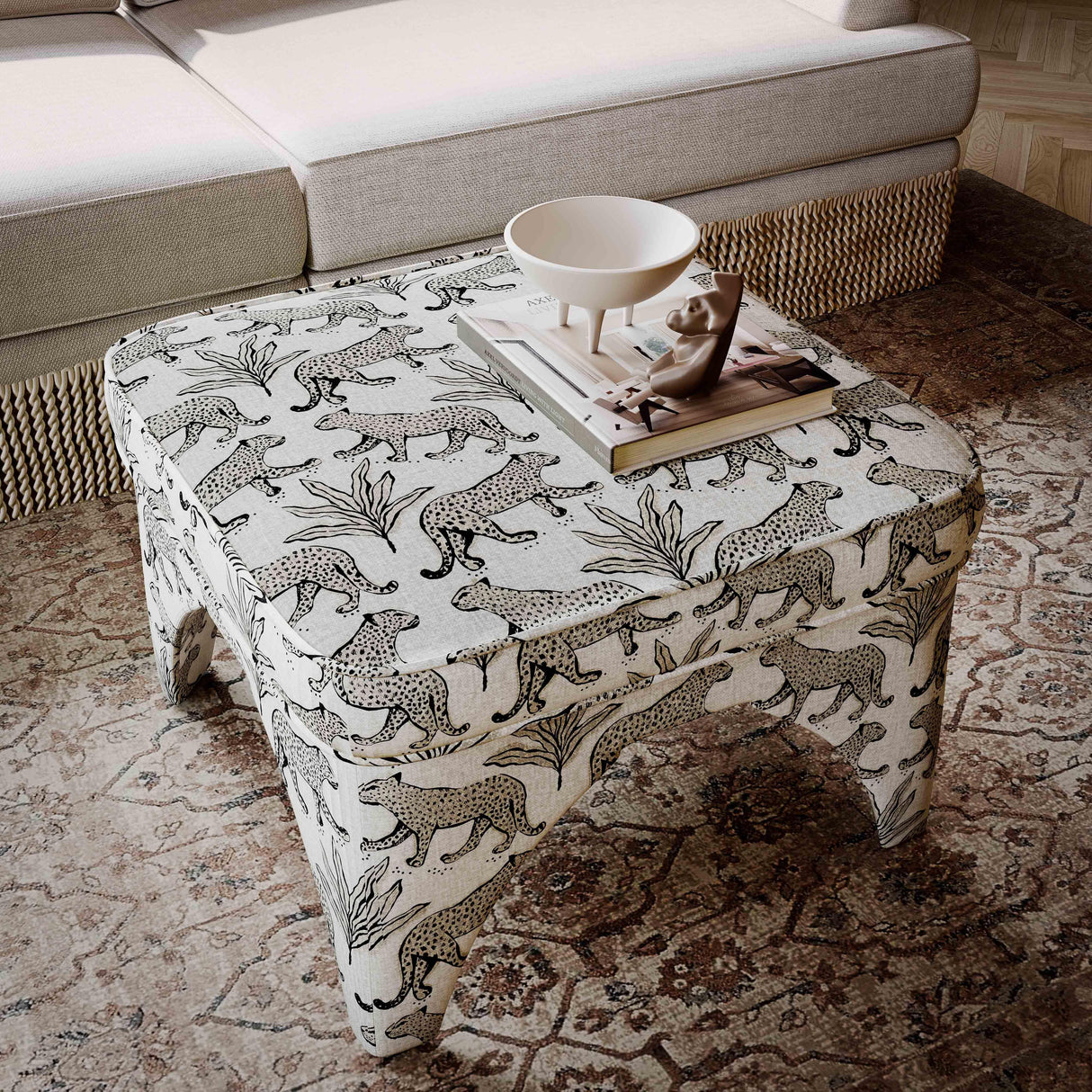 TOV Raji Cream Leopard Jacquard Ottoman