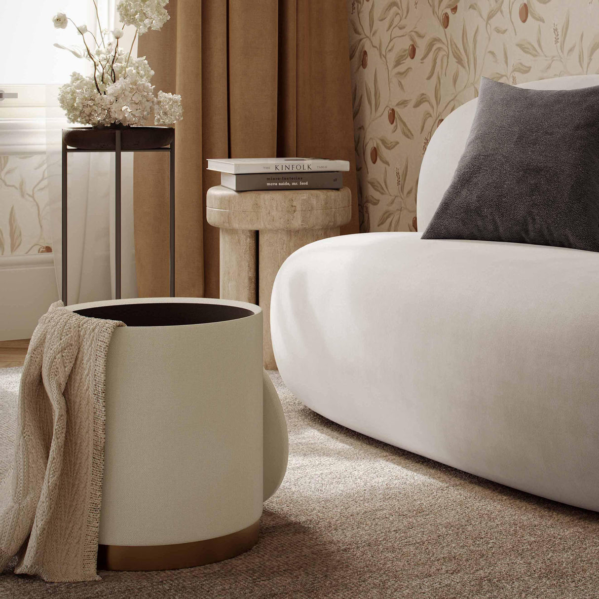 TOV Zoe Cream Chenille Storage Ottoman
