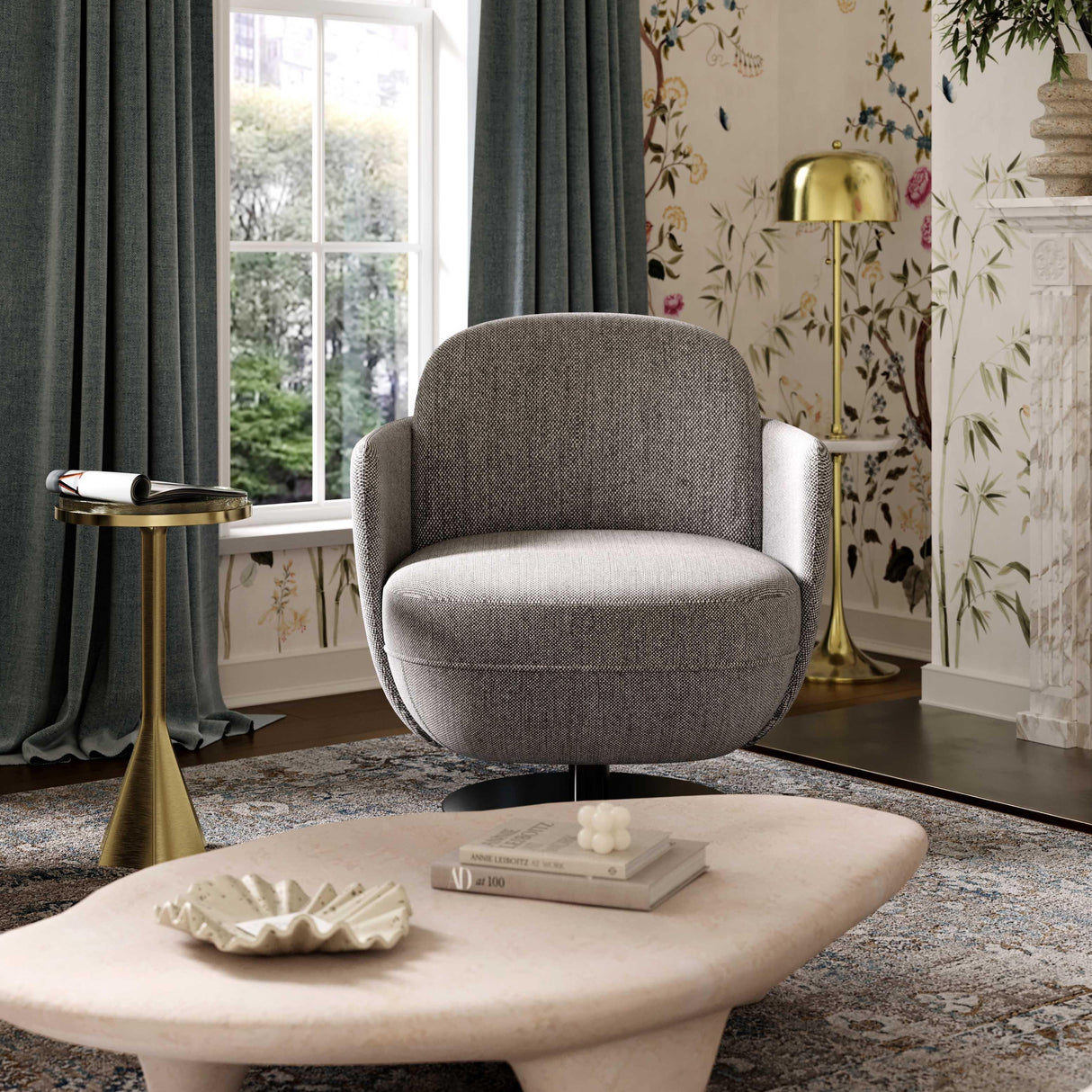 TOV Solange Grey Textured Weave Swivel Chair
