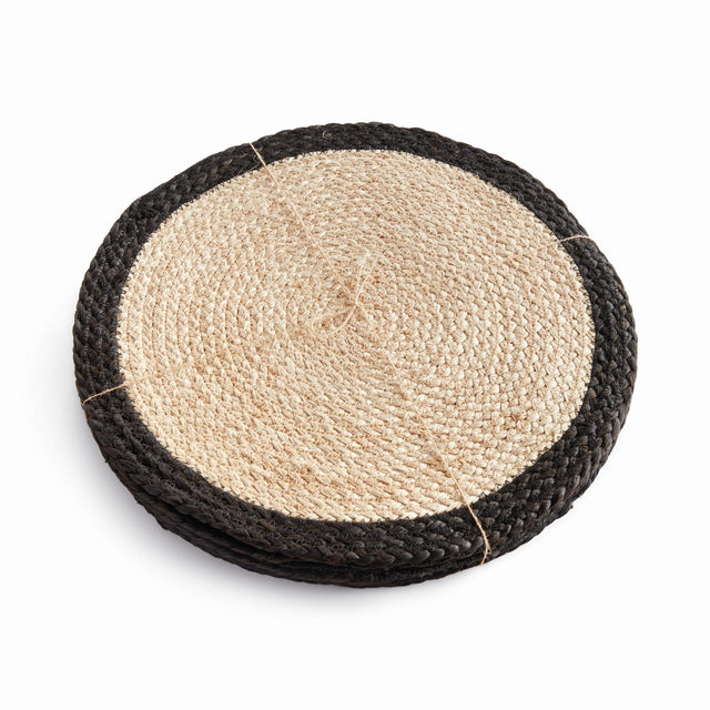 Napa Natural/black JUTE COIL ROUND PLACEMATS, SET OF 8