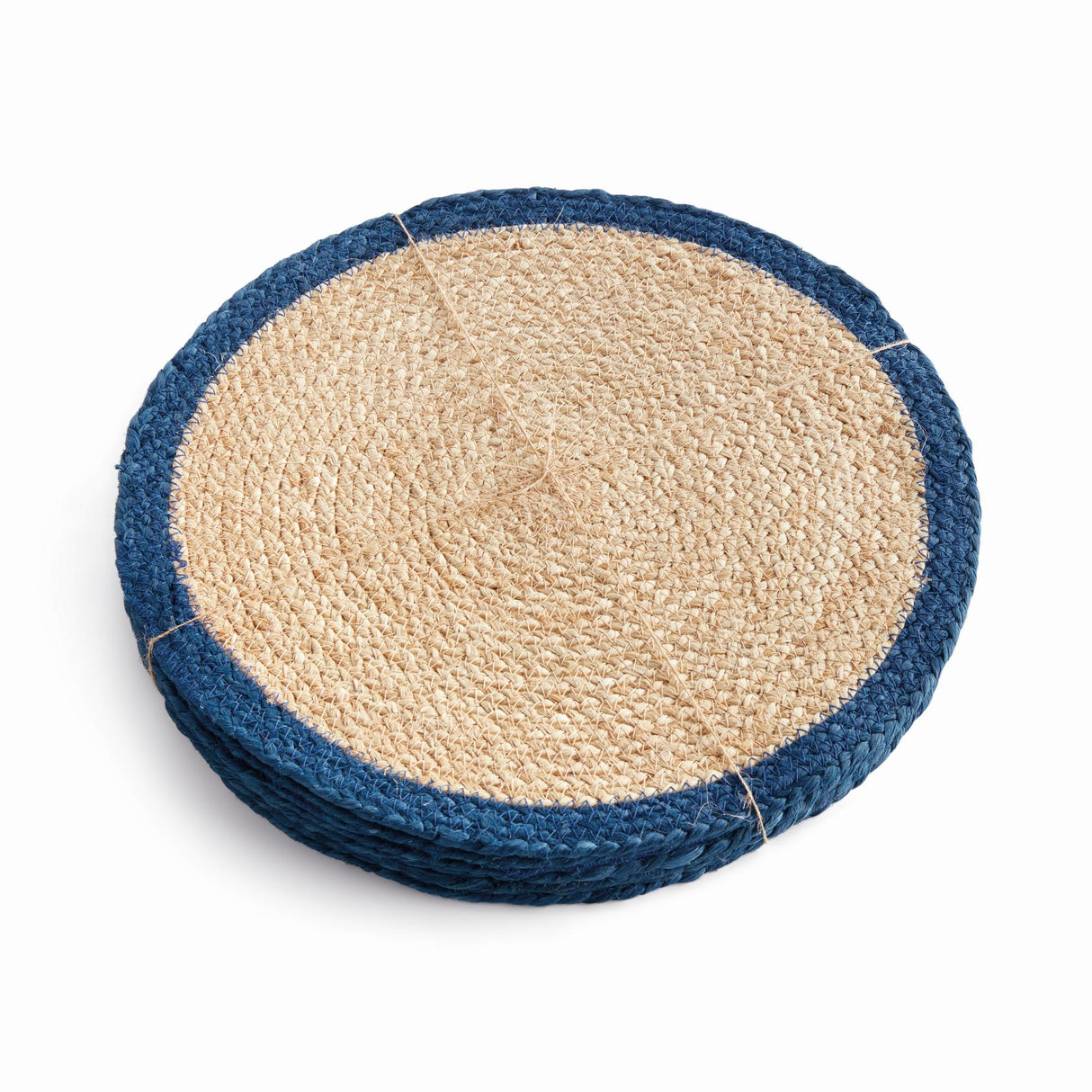 Napa Natural/navy blue JUTE COIL ROUND PLACEMATS, SET OF 8