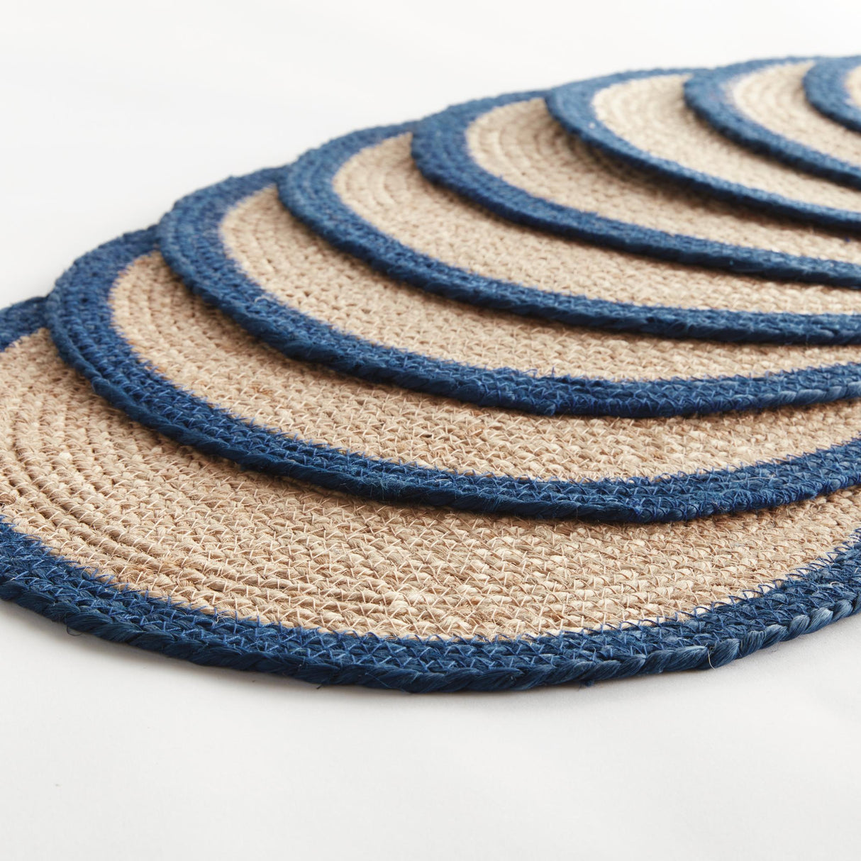 Napa Natural/navy blue JUTE COIL ROUND PLACEMATS, SET OF 8