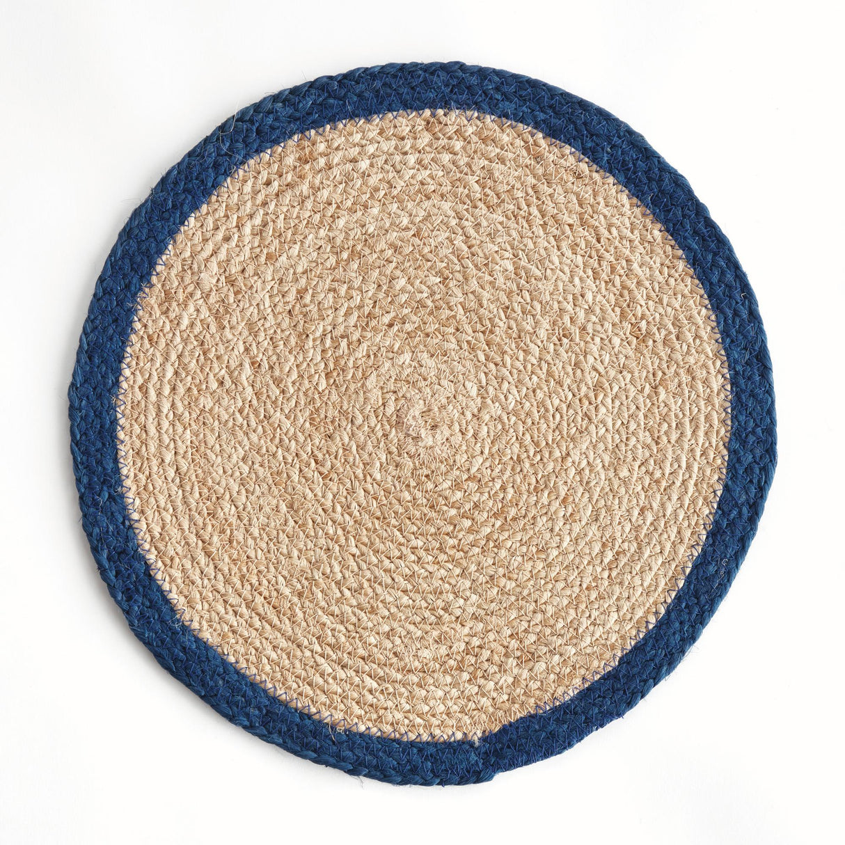 Napa Natural/navy blue JUTE COIL ROUND PLACEMATS, SET OF 8