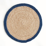 Napa Natural/navy blue JUTE COIL ROUND PLACEMATS, SET OF 8