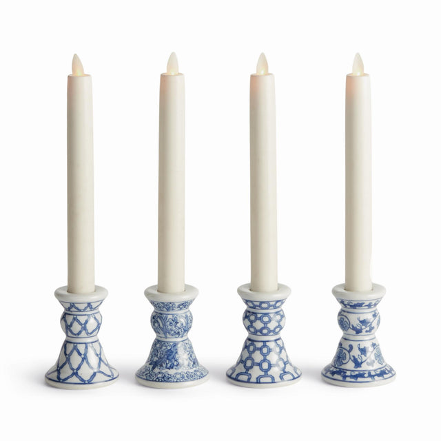 Napa Blue and white BARCLAY BUTERA DYNASTY MINI TAPER HOLDERS, SET OF 4