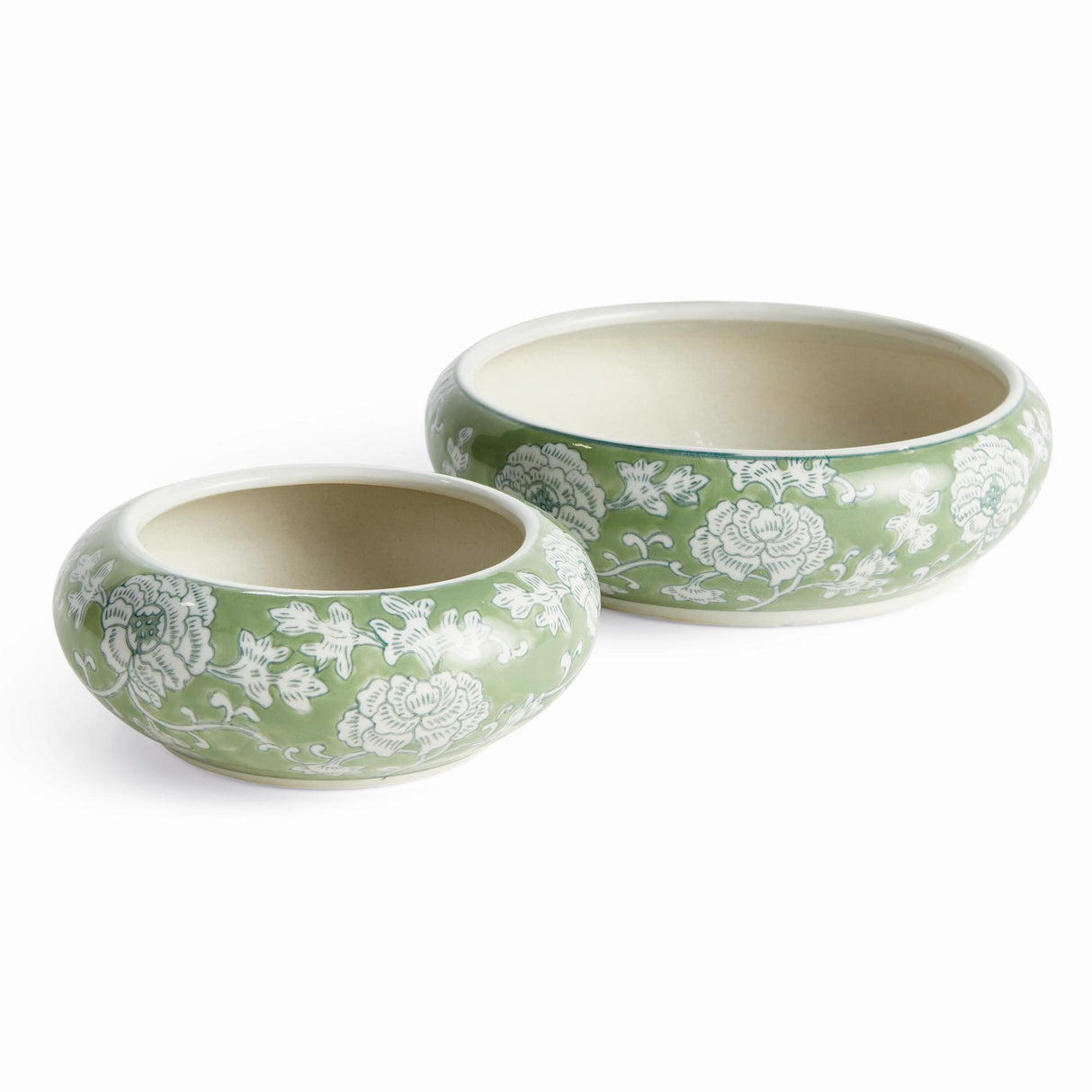 Napa Green and White IMPERIAL LOTUS LOW POTS, SET OF 2