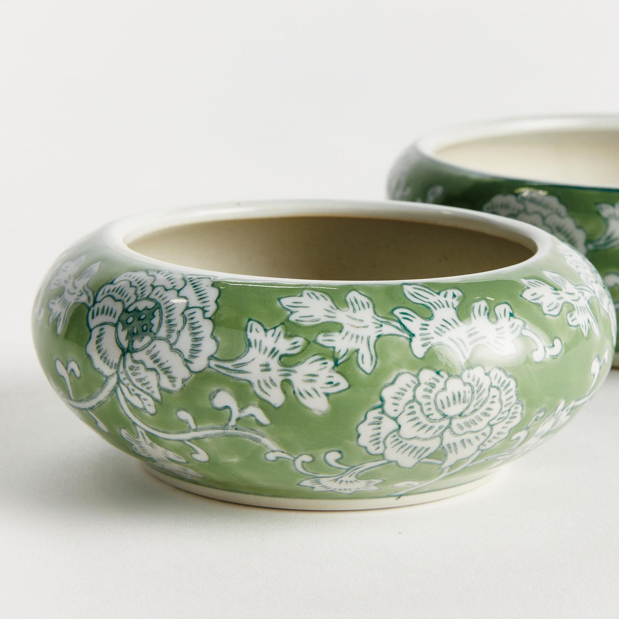 Napa Green and White IMPERIAL LOTUS LOW POTS, SET OF 2