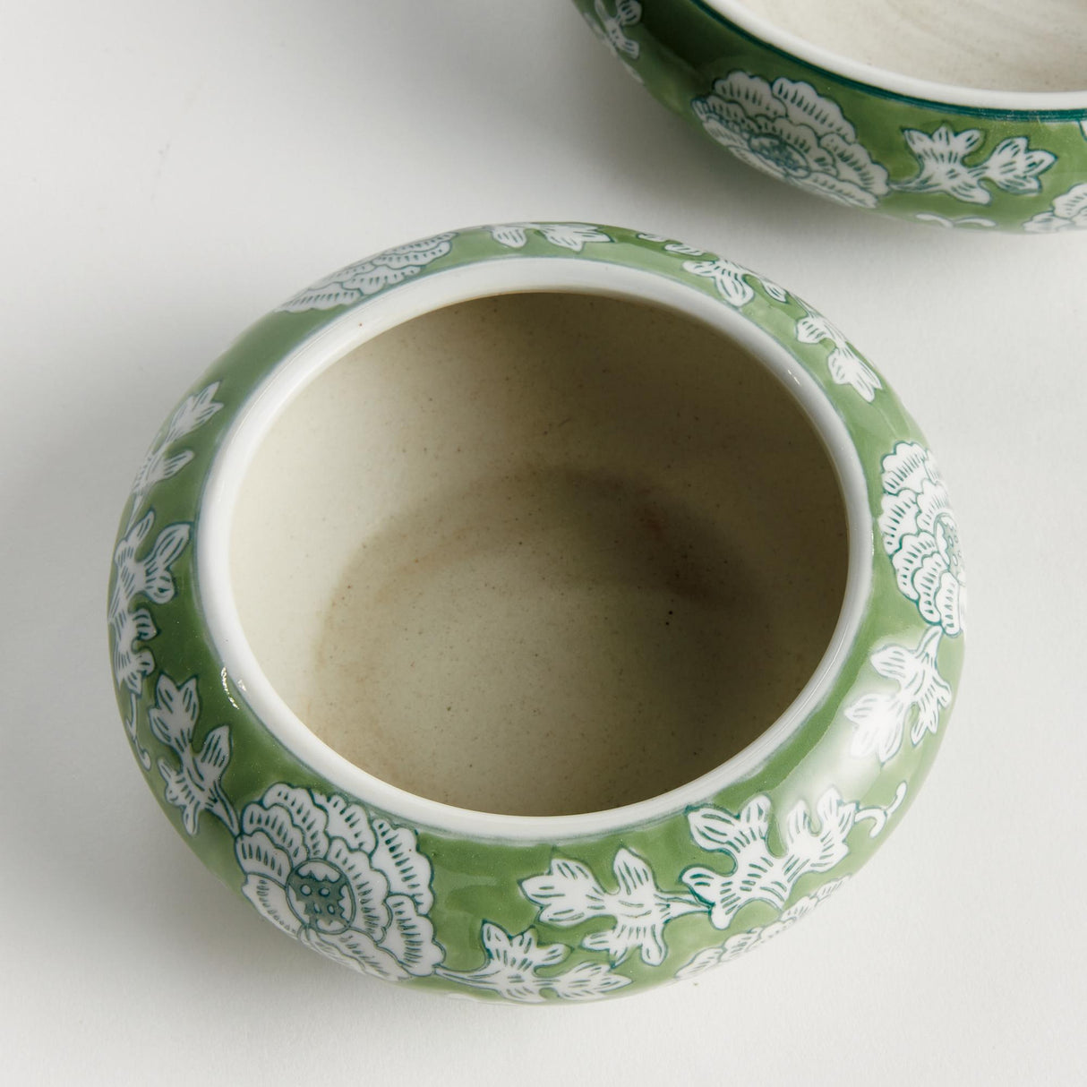 Napa Green and White IMPERIAL LOTUS LOW POTS, SET OF 2
