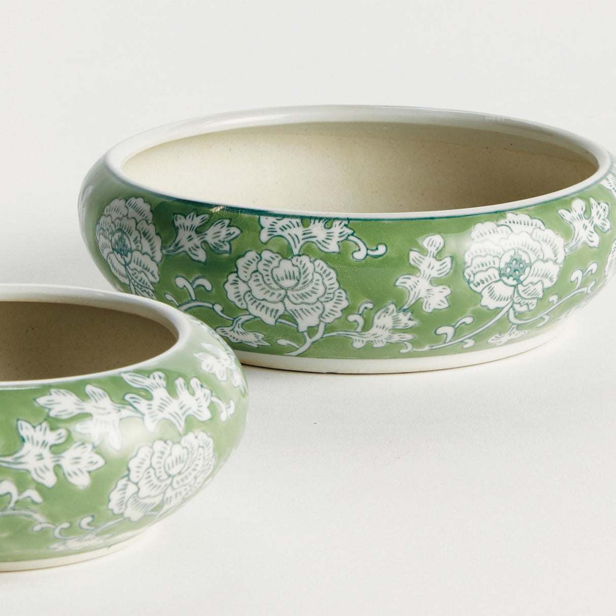 Napa Green and White IMPERIAL LOTUS LOW POTS, SET OF 2