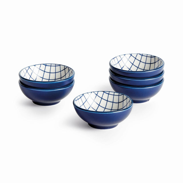 Napa Dark Blue/white STRIA GRID DIP BOWLS, SET OF 6