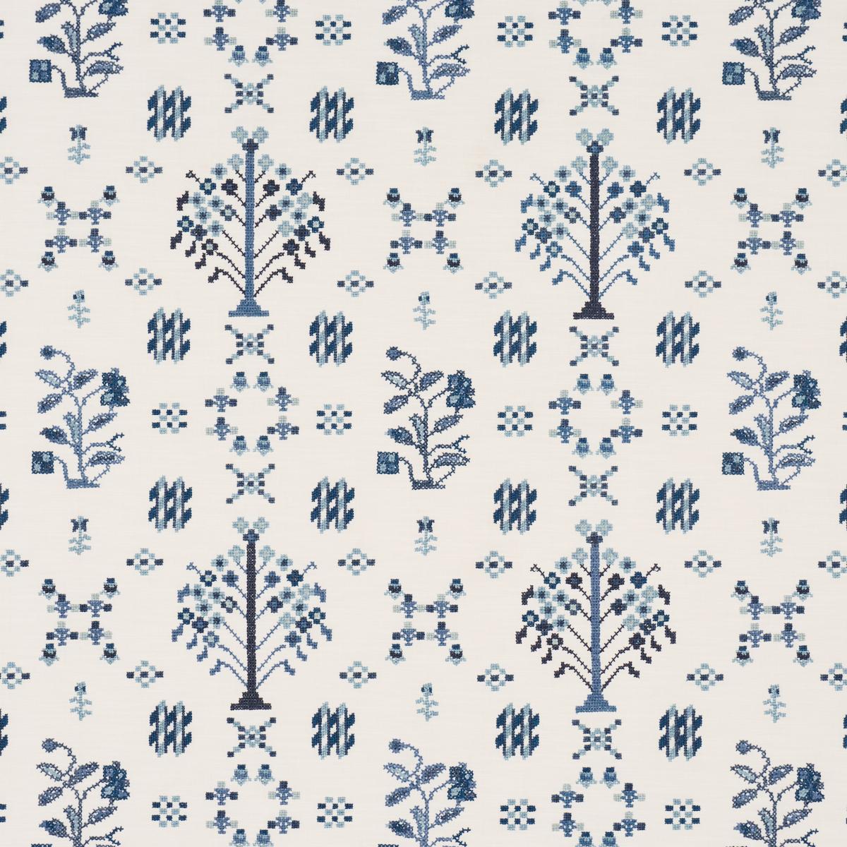 Schumacher Fairview Cross Stitch Embroidery Indigo Fabric