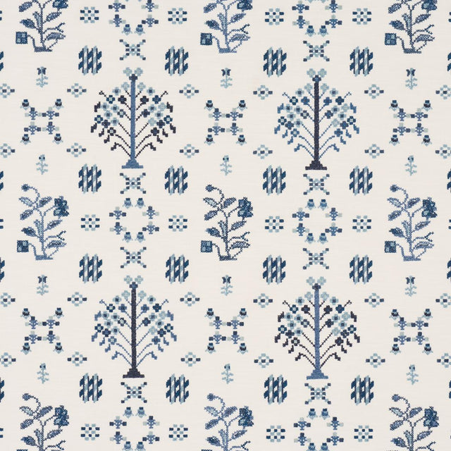 Schumacher Fairview Cross Stitch Embroidery Indigo Fabric