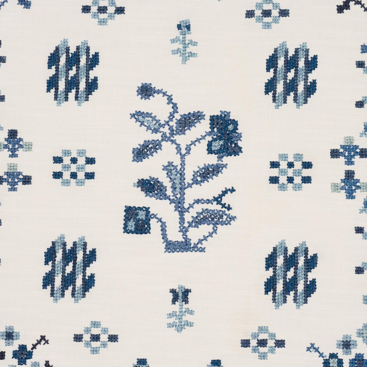 Schumacher Fairview Cross Stitch Embroidery Indigo Fabric