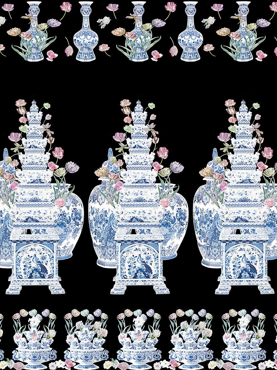 Scalamandre Tulipiere Flowers | Panel Black Wallpaper