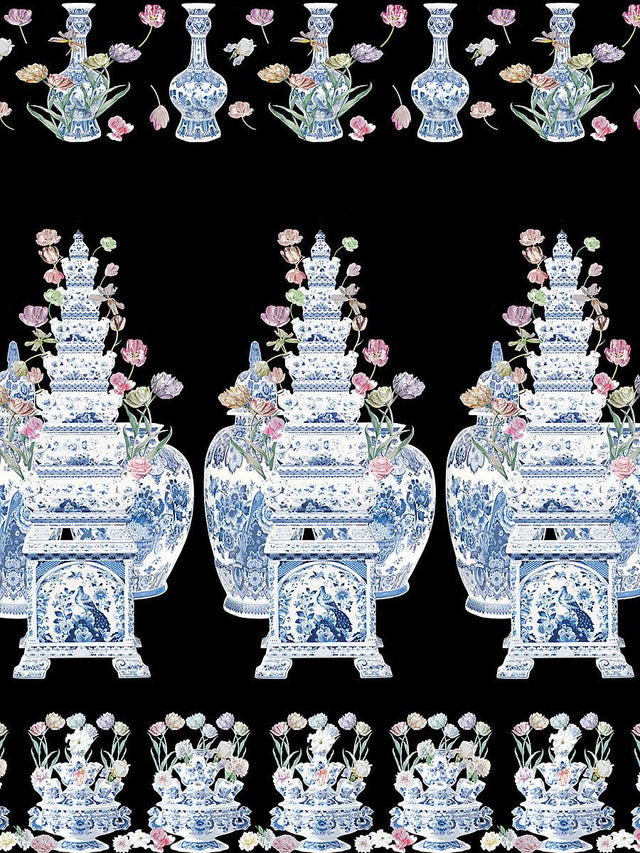 Scalamandre Tulipiere Flowers | Panel Black Wallpaper