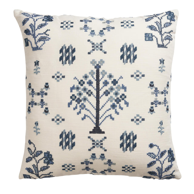Schumacher Indigo 18" x 18" Fairview Cross Stitch Pillow