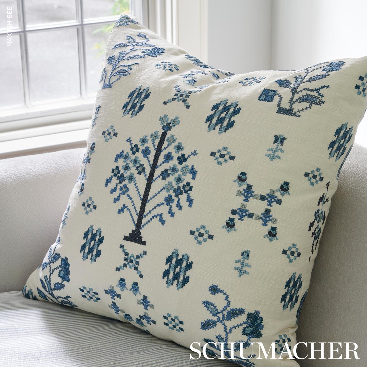 Schumacher Indigo 20" x 20" Fairview Cross Stitch Pillow