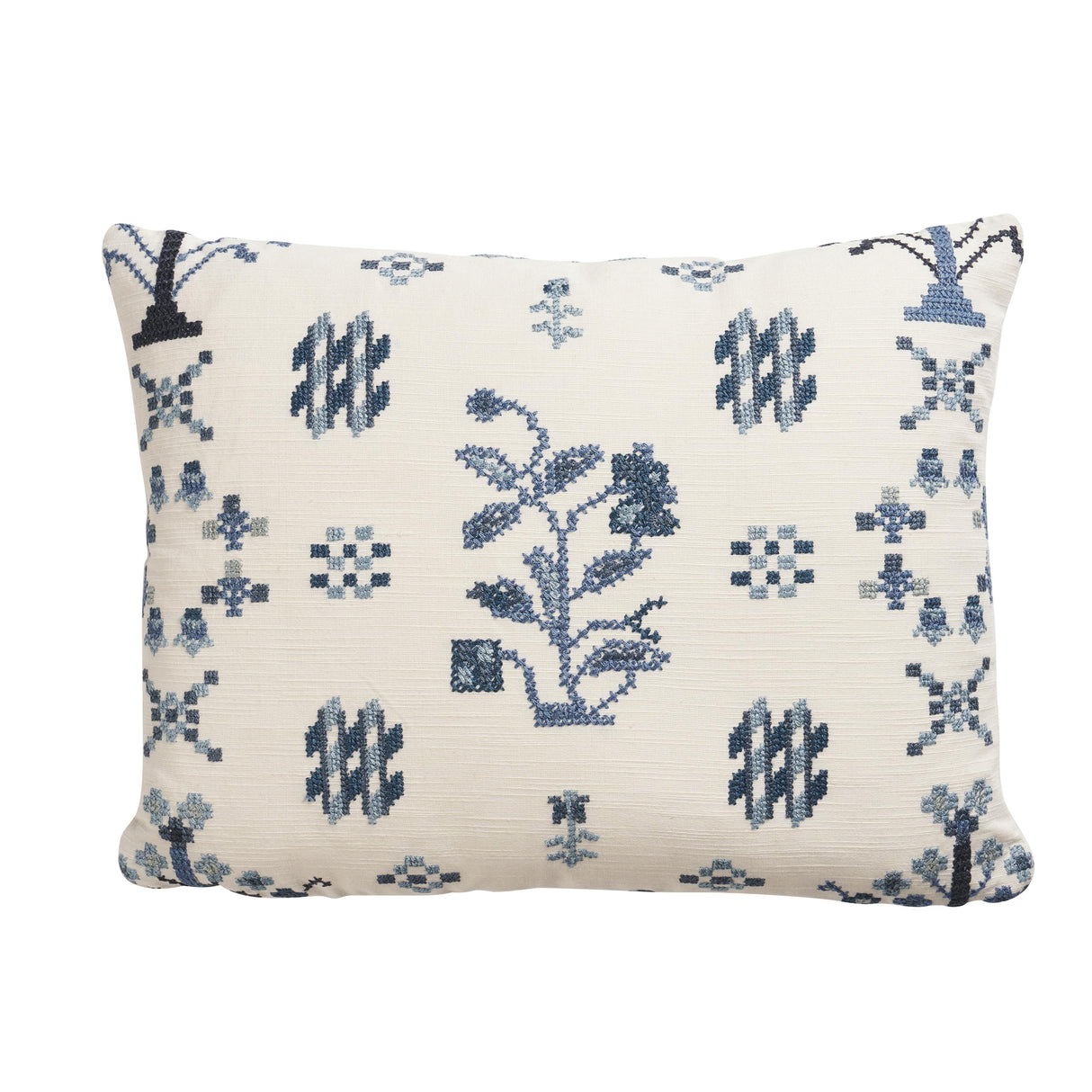 Schumacher Indigo 16" x 12" Fairview Cross Stitch Pillow
