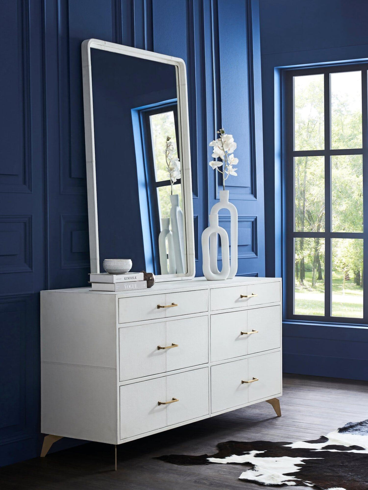 Orchids Lux Berkeley Leather White 64"W X 20"D X 33"H Drawer Dresser