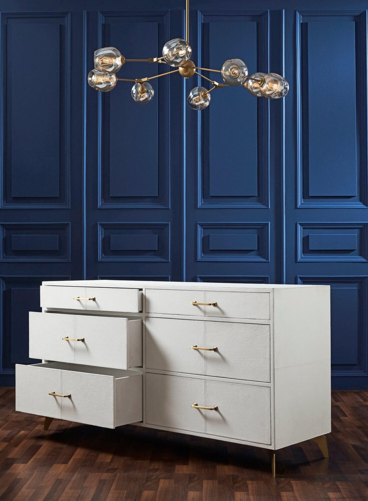 Orchids Lux Berkeley Leather White 64"W X 20"D X 33"H Drawer Dresser