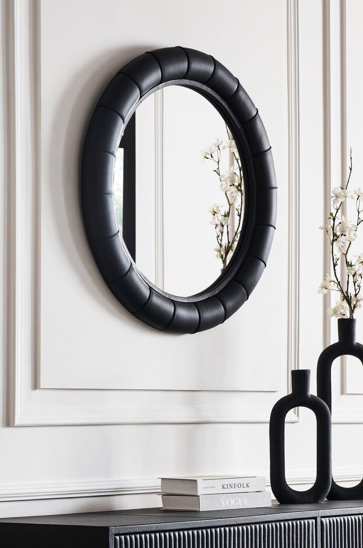 Orchids Lux Stanford Leather Black 32" X 2" X 32" Wall Mirror