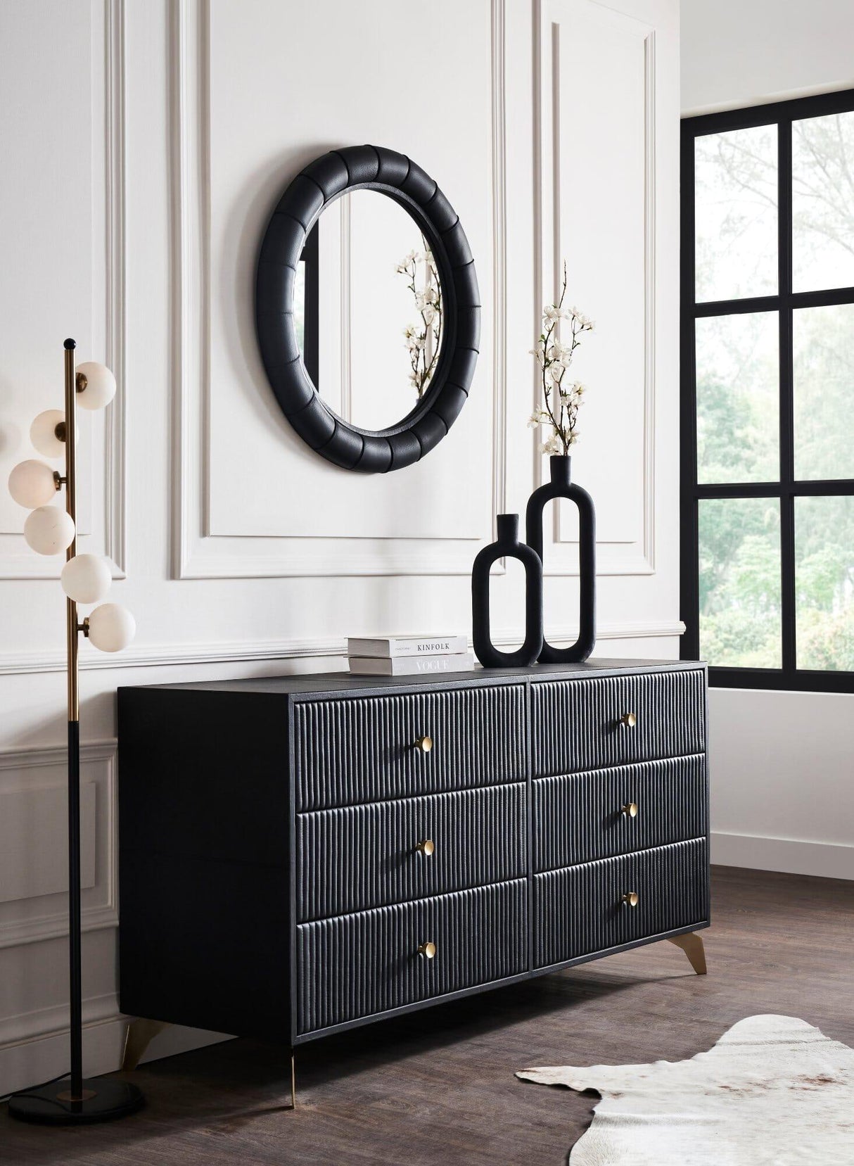 Orchids Lux Stanford Leather Black 64"W X 20"D X 33"H Six Drawer Dresser