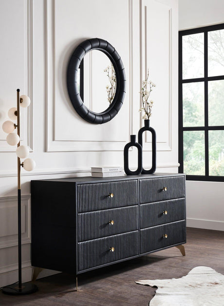 Orchids Lux Stanford Leather Black 64"W X 20"D X 33"H Six Drawer Dresser