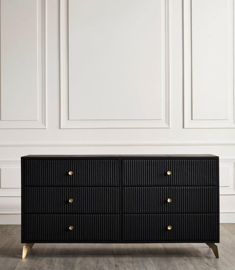 Orchids Lux Stanford Leather Black 64"W X 20"D X 33"H Six Drawer Dresser