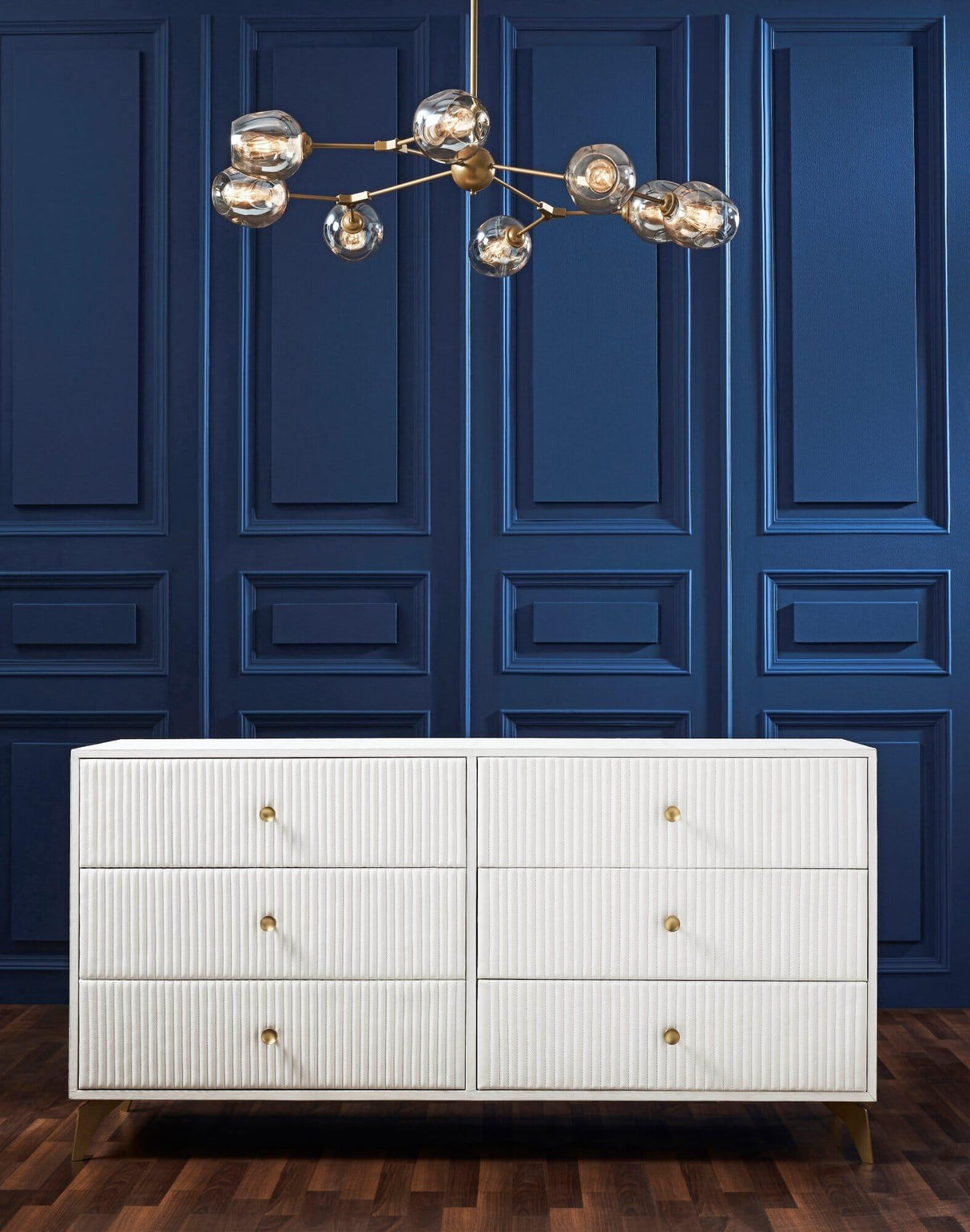 Orchids Lux Stanford Leather White 64"W X 20"D X 33"H Six Drawer Dresser