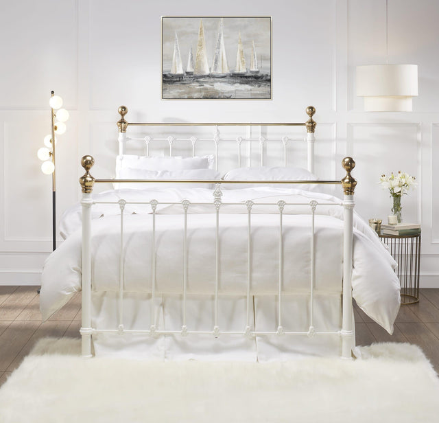 Orchids Lux Castile Metal Structure Satin White With Brass Queen - 62'' W X 87'' L Headboard Height: 57" & Footboard Height: 47"Interior Dimensions For Mattress: 60" W X 80" L Metal Bed