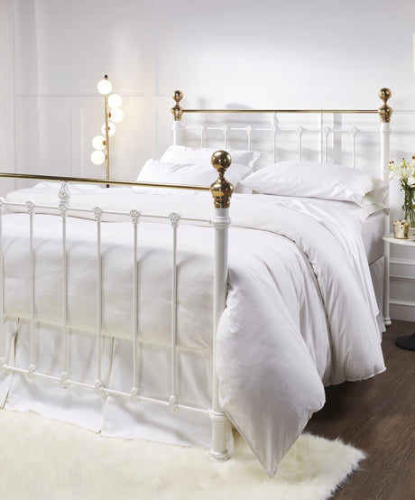 Orchids Lux Castile Metal Structure Satin White With Brass Queen - 62'' W X 87'' L Headboard Height: 57" & Footboard Height: 47"Interior Dimensions For Mattress: 60" W X 80" L Metal Bed