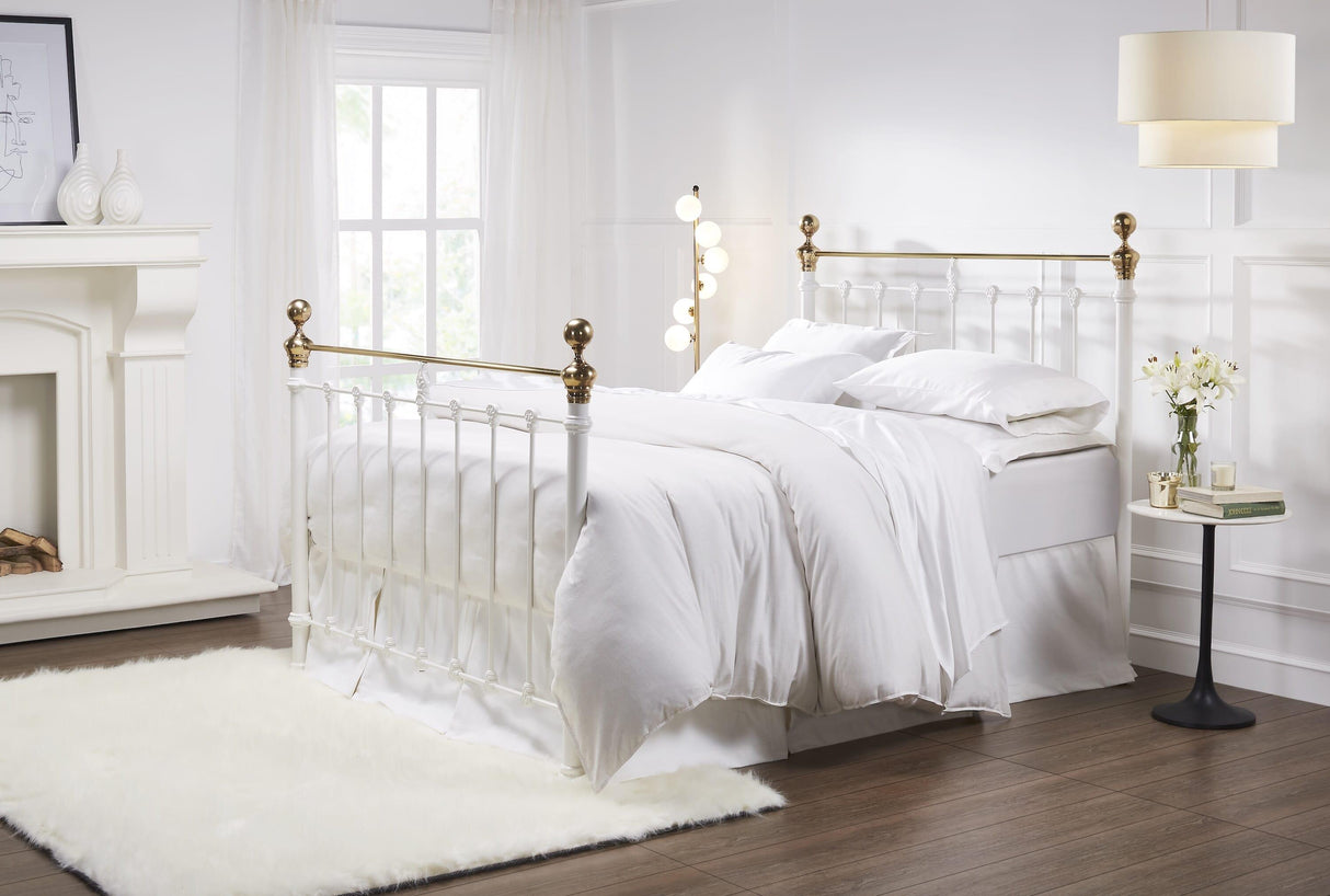 Orchids Lux Castile Metal Structure Satin White With Brass King - 78'' W X 87'' L Headboard Height: 57" & Footboard Height: 47"Interior Dimensions For Mattress: 76" W X 80" L Metal Bed