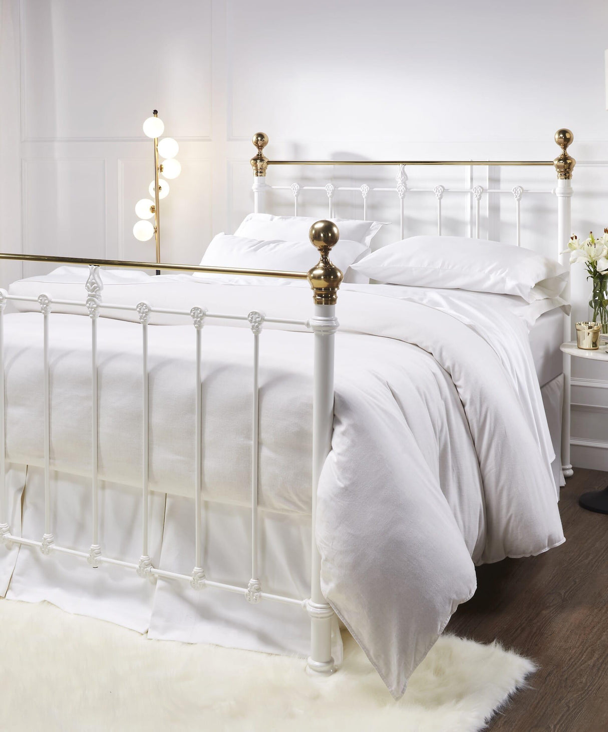 Orchids Lux Castile Metal Structure Satin White With Brass King - 78'' W X 87'' L Headboard Height: 57" & Footboard Height: 47"Interior Dimensions For Mattress: 76" W X 80" L Metal Bed