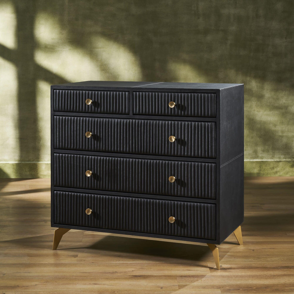 Orchids Lux Stanford Leather Black 38"W X 20"D X 36"H Five Drawer Chest