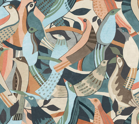 York Wallcoverings Fauvist Flock Coral & Aqua Wallpaper